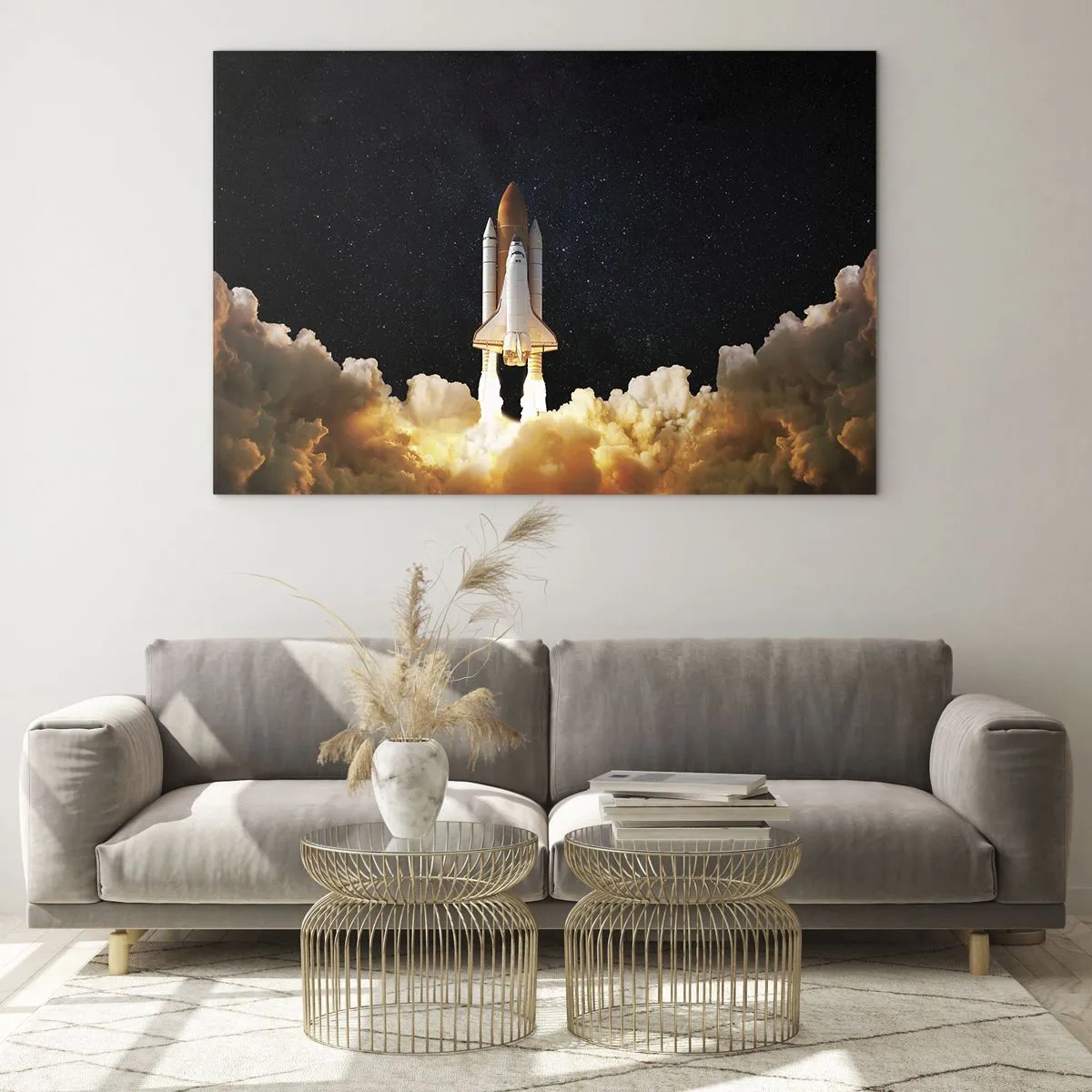 Impression sur verre - Image sur verre - Une navette spatiale décollant sous un ciel étoilé - 120x80cm - Ad astra! - Décoration murale moderne pour le salon et la chambre ARTTOR