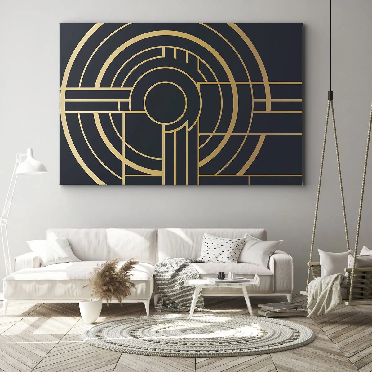 Impression sur toile - Image sur toile - Motif géométrique avec des lignes dorées - 70x50cm - Rotation des éléments - Décoration murale moderne pour le salon et la chambre ARTTOR