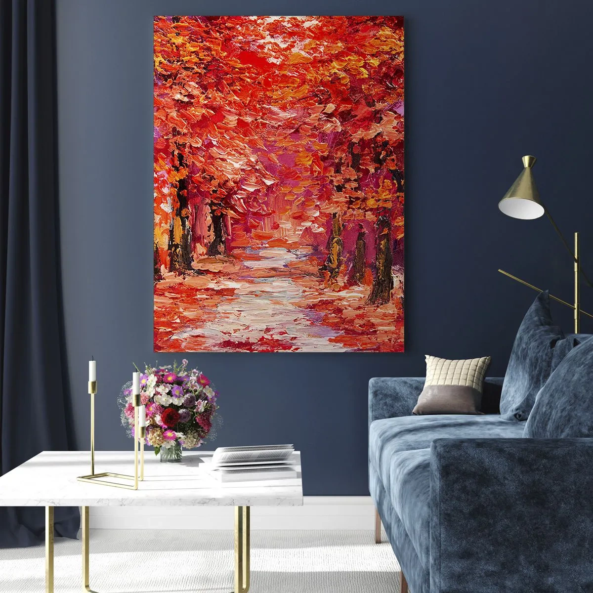 Impression sur verre - Image sur verre - Une ruelle pittoresque aux couleurs d'automne pleine de nuances chaudes - 50x70cm - Impression d'automne - Décoration murale moderne pour le salon et la chambre ARTTOR