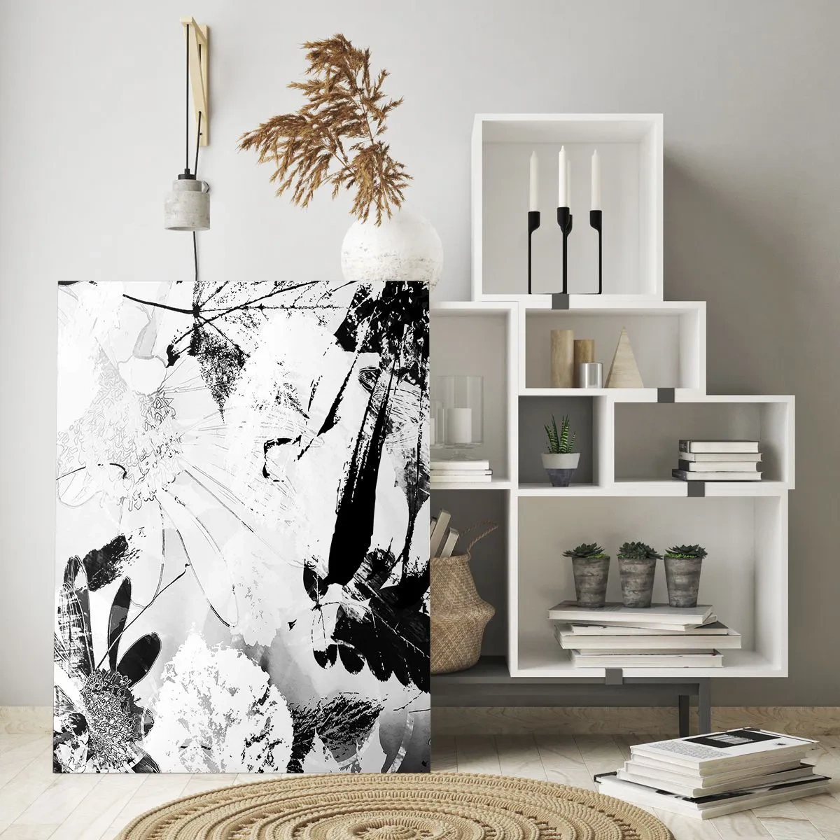 Impression sur verre - Image sur verre - Fleurs abstraites en noir et blanc dans un style minimaliste - 80x120cm - Automne en négatif - Décoration murale moderne pour le salon et la chambre ARTTOR