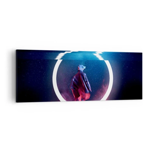 Impression sur toile - Image sur toile - Un personnage dans un environnement futuriste avec un cercle de néon - 140x50cm - Entre deux mondes - Décoration murale moderne pour le salon et la chambre ARTTOR