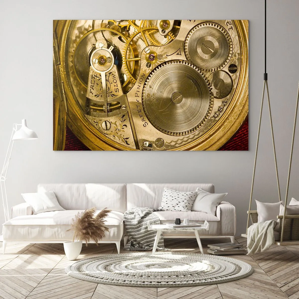 Impression sur verre - Image sur verre - Mécanisme de montre en finition dorée - 120x80cm - Marcher avec son temps - Décoration murale moderne pour le salon et la chambre ARTTOR