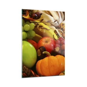 Impression sur verre - Image sur verre - Un panier rempli de fruits et légumes dans un arrangement d'automne - 50x70cm - Panier de récolte - Décoration murale moderne pour le salon et la chambre ARTTOR