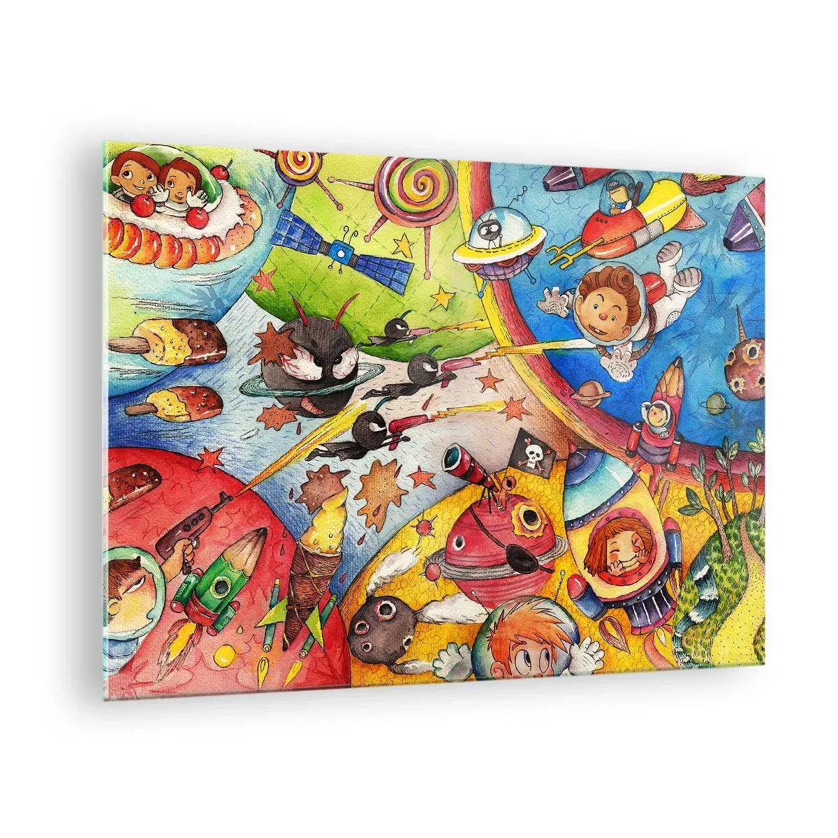 Impression sur verre - Image sur verre - Une illustration colorée d'une aventure spatiale pour les enfants - 70x50cm - Grande aventure spatiale - Décoration murale moderne pour le salon et la chambre ARTTOR