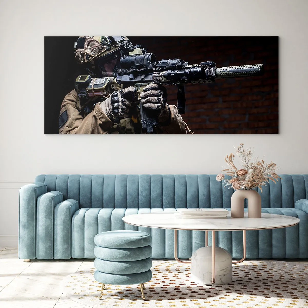 Impression sur verre - Image sur verre - Un soldat en équipement complet avec un fusil - 160x50cm - Meurtrier efficace - Décoration murale moderne pour le salon et la chambre ARTTOR