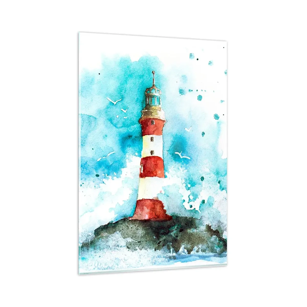 Impression sur verre - Image sur verre - Un phare dans un décor aquarelle sur fond bleu - 80x120cm - Unité des éléments - Décoration murale moderne pour le salon et la chambre ARTTOR