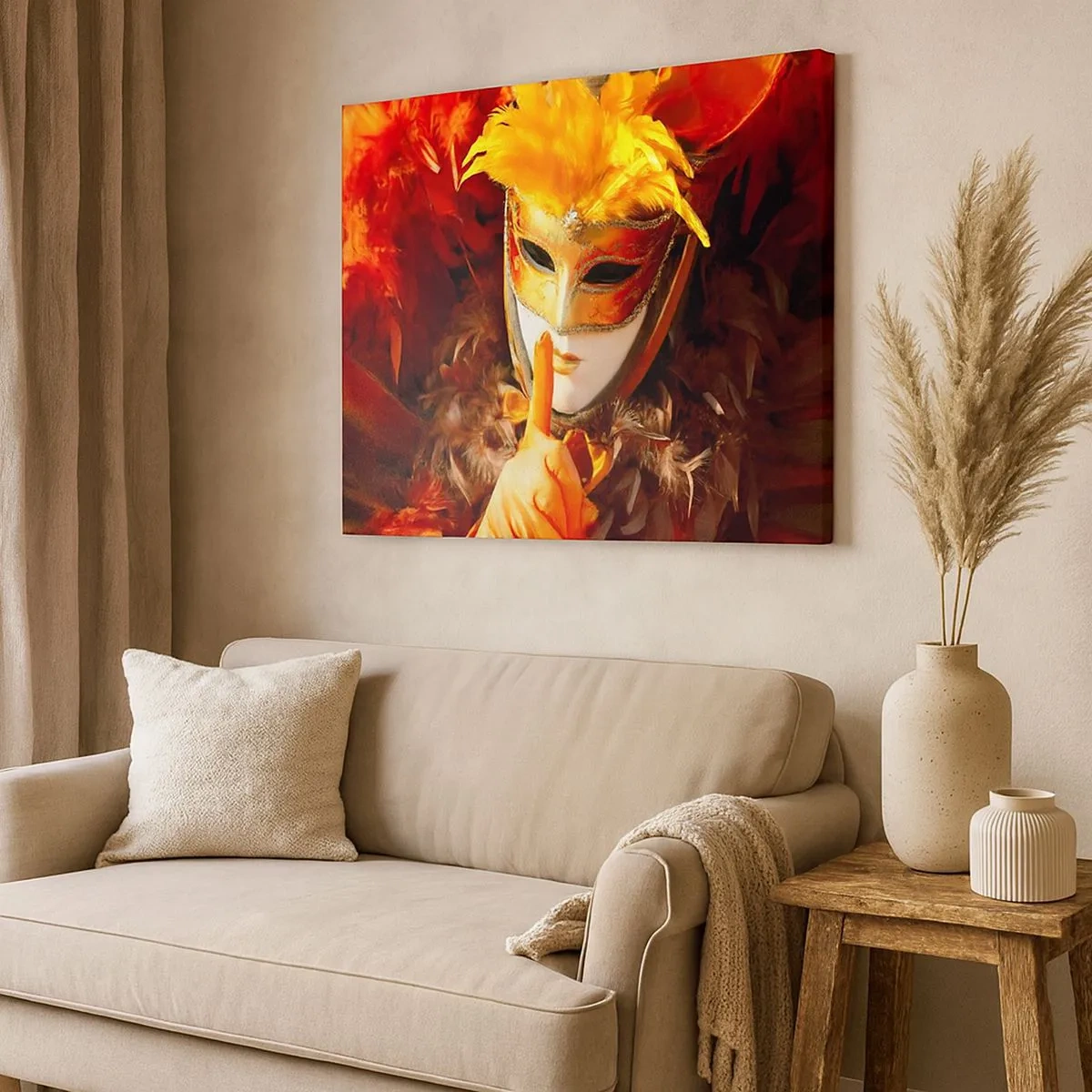 Impression sur toile - Image sur toile - Masque de carnaval aux tons or et orange - 70x50cm - Le secret est une partie du jeu - Décoration murale moderne pour le salon et la chambre ARTTOR