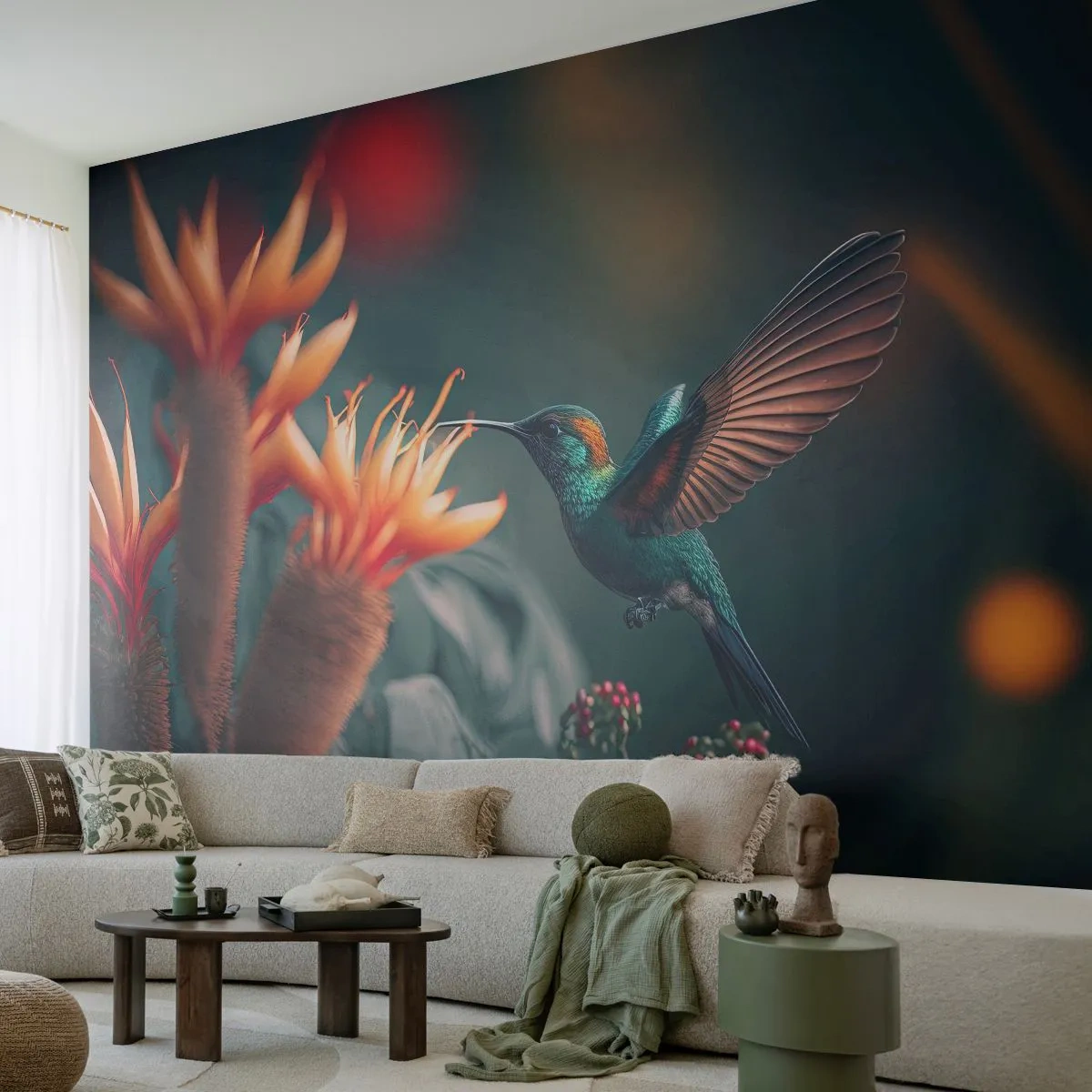 Papier Peint Photo Premium Sand - Un colibri plane au-dessus d'une fleur exotique. - 100x70cm - une vie vraiment colorée - Décoration murale moderne pour le salon et la chambre ARTTOR