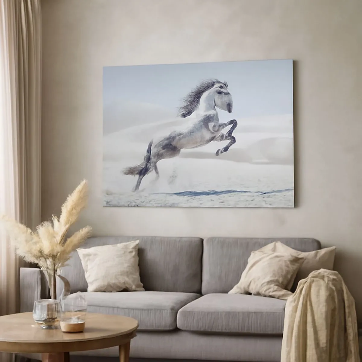 Impression sur toile - Image sur toile - Un cheval blanc galopant sur fond de dunes du désert - 70x50cm - Prince arabe - Décoration murale moderne pour le salon et la chambre ARTTOR