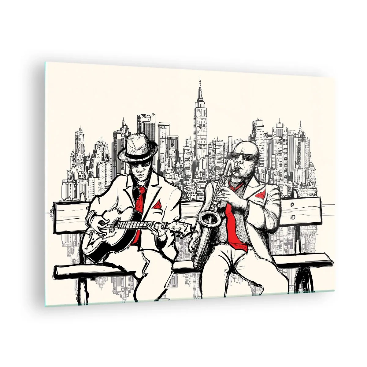 Impression sur verre - Image sur verre - Deux musiciens de jazz jouant avec en toile de fond la silhouette de la ville - 70x50cm - improvisation new-yorkaise - Décoration murale moderne pour le salon et la chambre ARTTOR