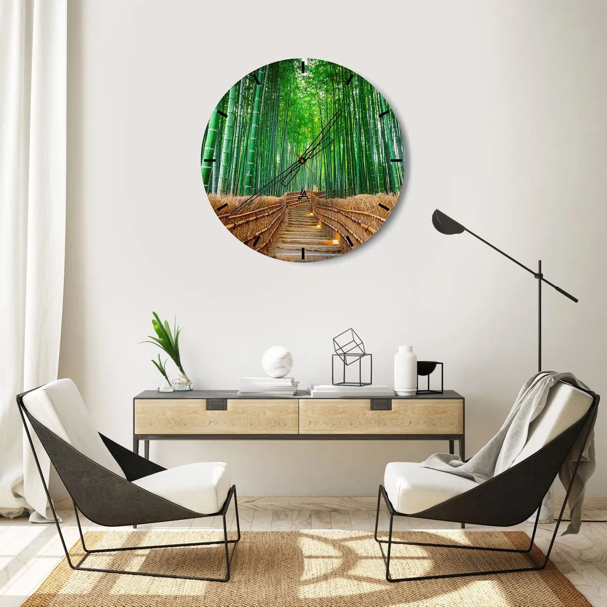 Horloge murale - Pendule murale - Escaliers dans une forêt de bambous éclairés par des lanternes - 30x30cm - L'essence de la nature asiatique - Décoration murale moderne pour le salon, la cuisine et la chambre ARTTOR