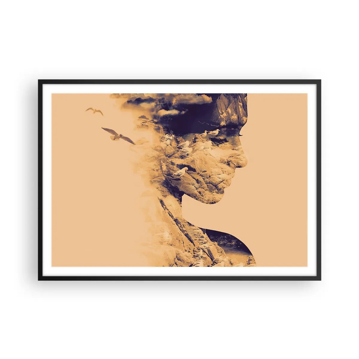 Affiche dans un cadre noir - Poster - Profil d'une femme avec la nature en arrière-plan dans des tons chauds - 100x70cm - Beauté de la nature - Décoration murale moderne pour le salon et la chambre ARTTOR