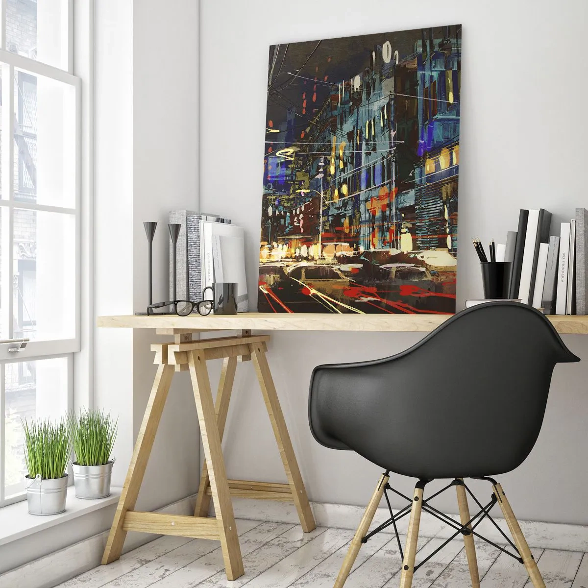 Impression sur verre - Image sur verre - Rue de la ville le soir avec des néons et de la circulation - 50x70cm - L'agitation de la rue en soirée - Décoration murale moderne pour le salon et la chambre ARTTOR
