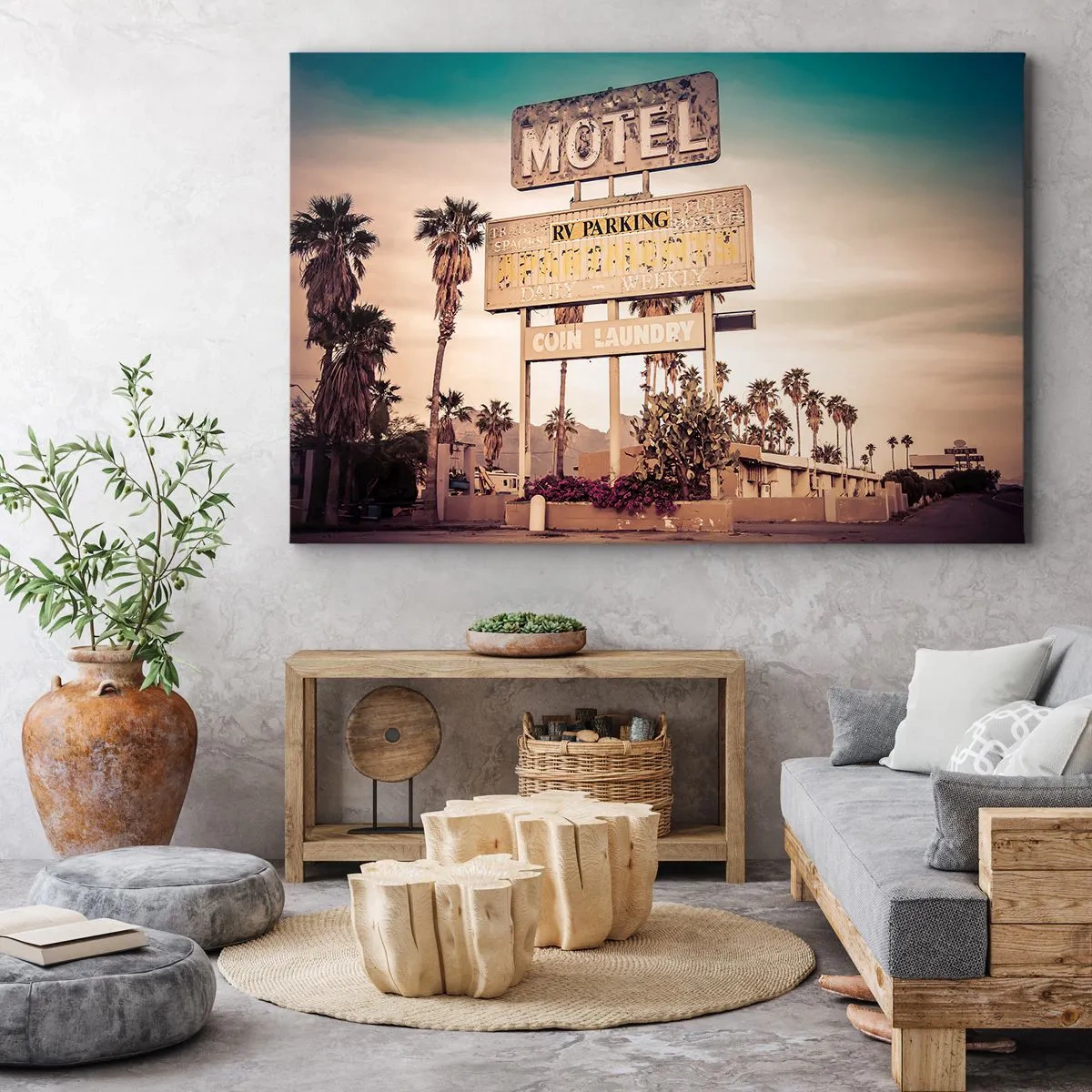 Impression sur toile - Image sur toile - Panneau de motel rétro entouré de palmiers - 70x50cm - Ici, le temps s'est arrêté - Décoration murale moderne pour le salon et la chambre ARTTOR