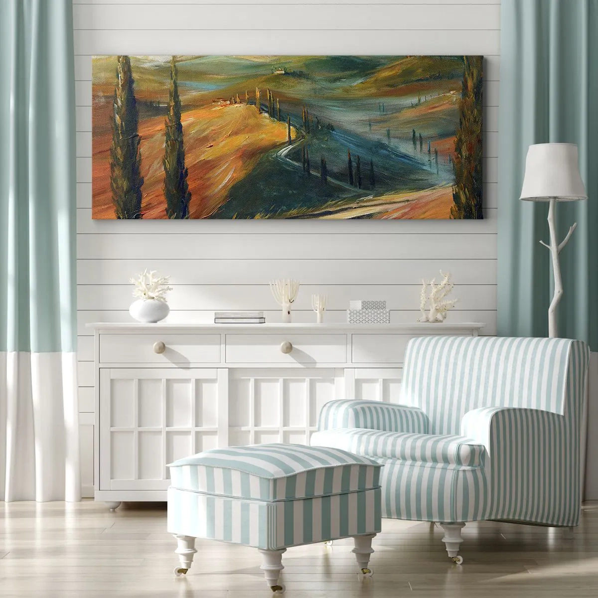 Impression sur toile - Image sur toile - Paysage toscan avec champs, route et cyprès - 140x50cm - paysage toscan - Décoration murale moderne pour le salon et la chambre ARTTOR