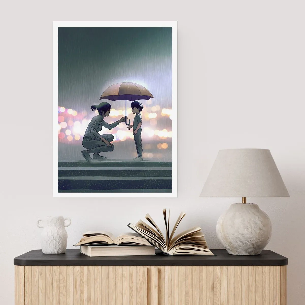 Affiche - Poster - Un adulte tendant un parapluie à un enfant sur fond pluvieux - 50x70cm - Et maintenant, tout va bien - Décoration murale moderne pour le salon et la chambre ARTTOR