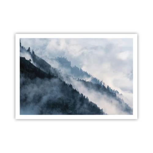 Affiche - Poster - Le brouillard plane sur les flancs boisés des montagnes dans un paysage mystérieux - 100x70cm - Mysticisme des montagnes - Décoration murale moderne pour le salon et la chambre ARTTOR