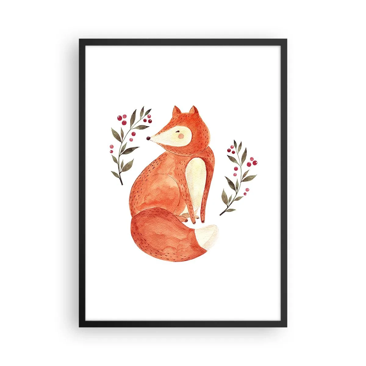 Affiche dans un cadre noir - Poster - Illustration d'un renard entouré de branches portant des fruits rouges - 50x70cm - Petit rouquin - Décoration murale moderne pour le salon et la chambre ARTTOR