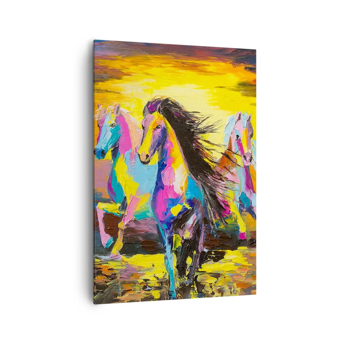 Impression sur toile - Image sur toile - Chevaux colorés galopant sur fond de soleil couchant - 70x100cm - Immergé dans l'arc-en-ciel - Décoration murale moderne pour le salon et la chambre ARTTOR