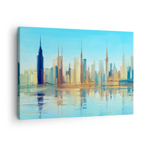 Impression sur toile - Image sur toile - Un panorama de la ville aux couleurs chaudes avec reflet dans l'eau - 70x50cm - Une métropole ensoleillée - Décoration murale moderne pour le salon et la chambre ARTTOR