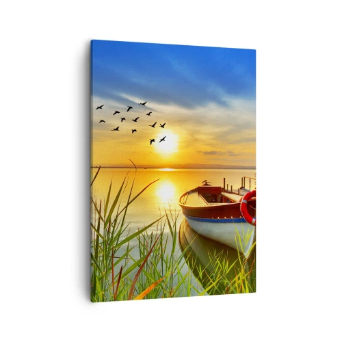 Impression sur toile - Image sur toile - Un bateau sur la rive d'un lac au coucher du soleil - 50x70cm - Les cormorans s'envolent déjà - Décoration murale moderne pour le salon et la chambre ARTTOR