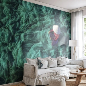 Papier Peint Photo Premium Sand - Tisserand vietnamien traditionnel dans des filets de pêche verts - 100x70cm - Dans une mer de filet - Décoration murale moderne pour le salon et la chambre ARTTOR