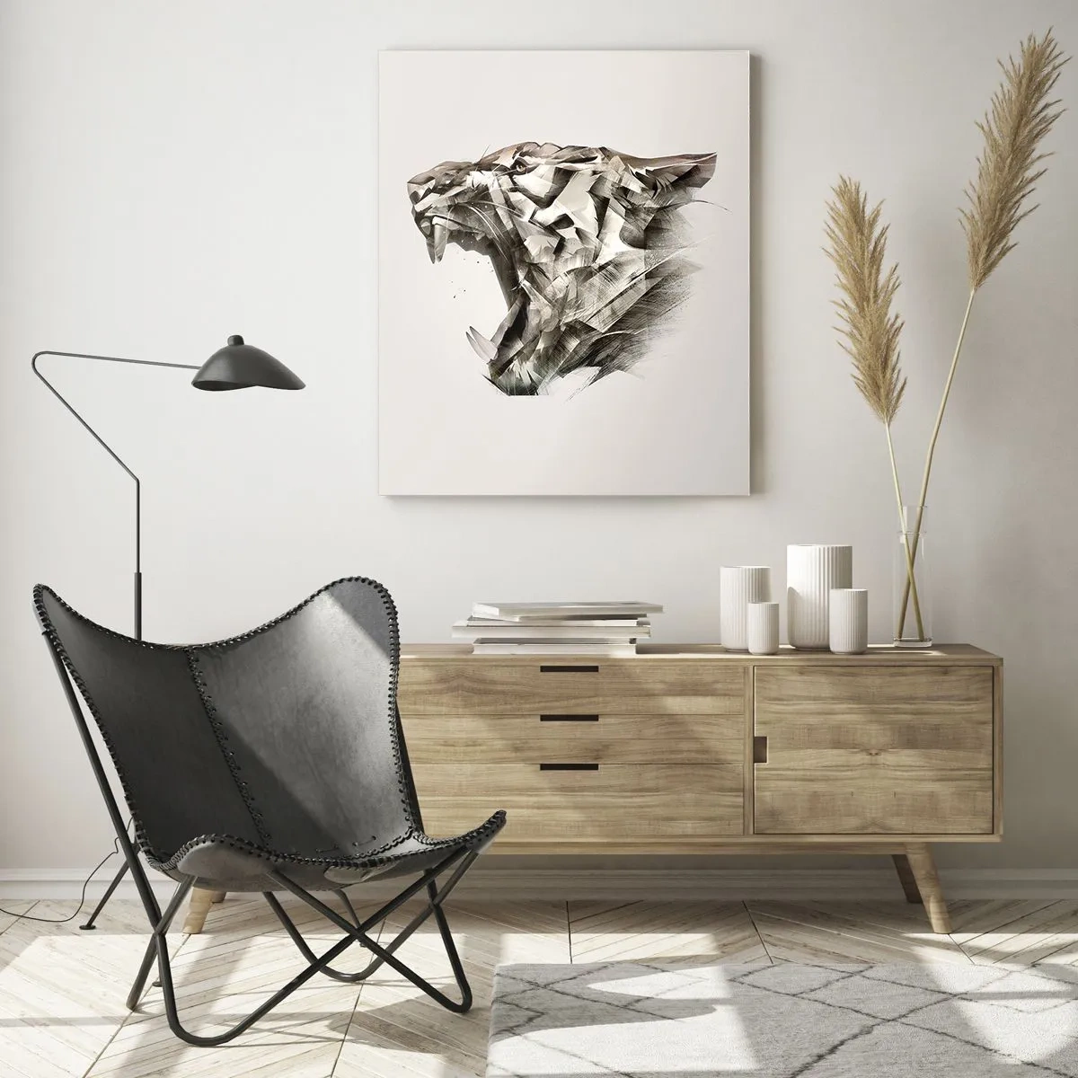 Impression sur verre - Image sur verre - Image abstraite d'un tigre dans des tons beiges - 80x120cm - Vous savez déjà qui est en charge - Décoration murale moderne pour le salon et la chambre ARTTOR