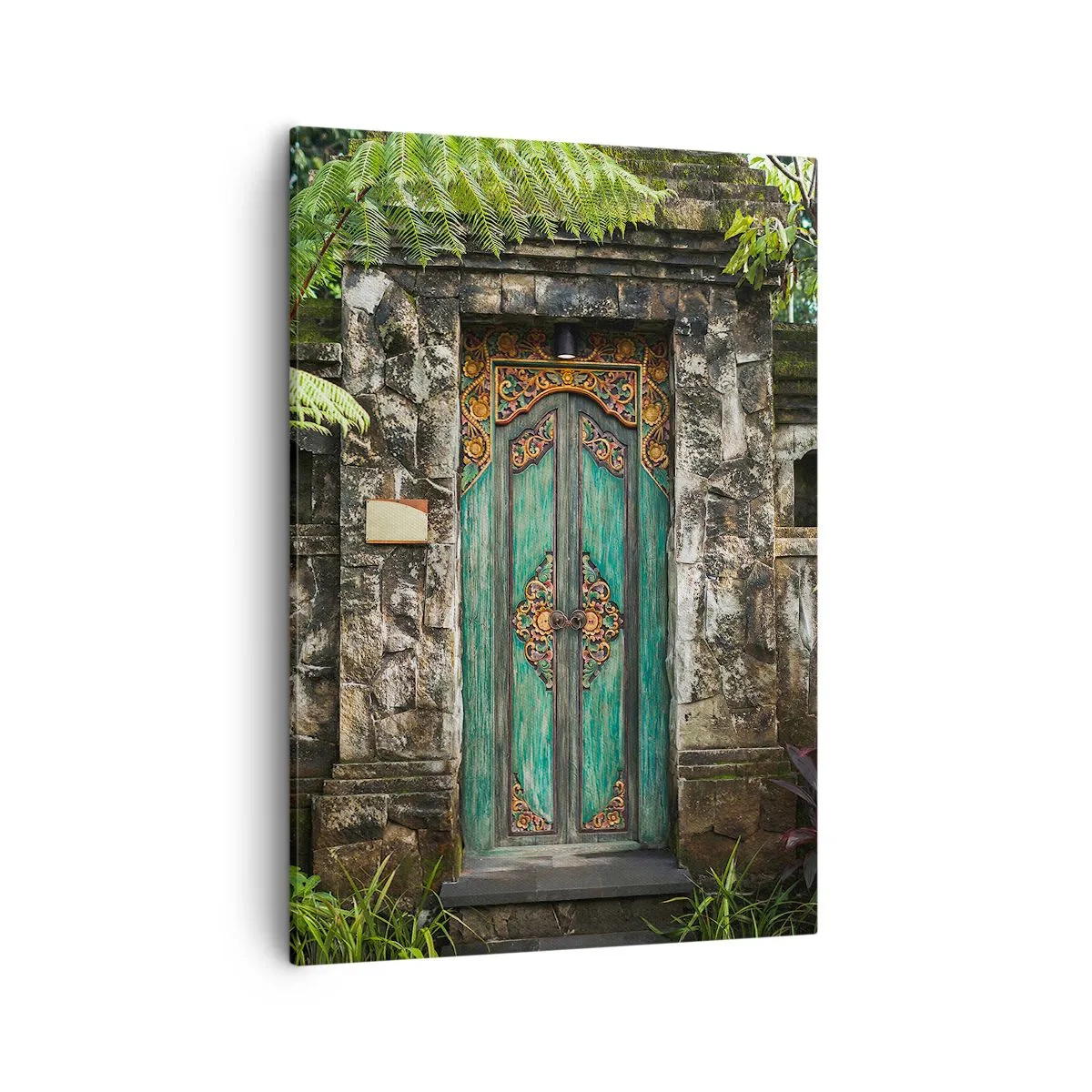 Impression sur toile - Image sur toile - Portes décoratives entourées de végétation tropicale - 50x70cm - Porte vers un monde exotique - Décoration murale moderne pour le salon et la chambre ARTTOR