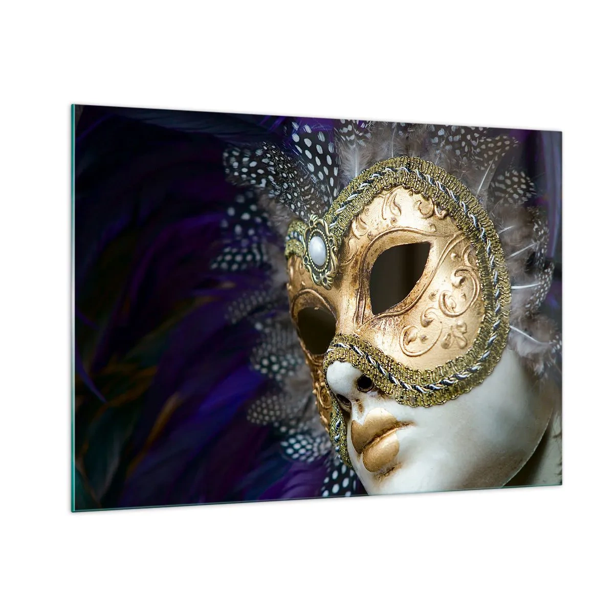 Impression sur verre - Image sur verre - Masque vénitien doré avec plumes sur fond violet - 100x70cm - Portrait vénitien en or - Décoration murale moderne pour le salon et la chambre ARTTOR