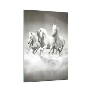Impression sur verre - Image sur verre - Trois chevaux blancs galopant dans l'eau - 80x120cm - La folie blanche - Décoration murale moderne pour le salon et la chambre ARTTOR
