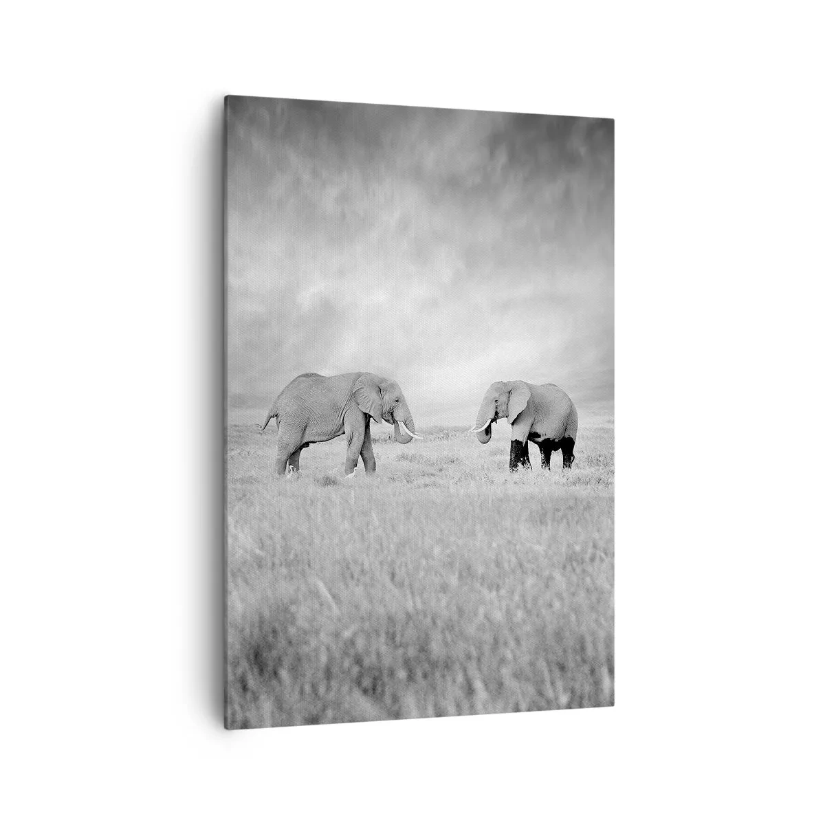 Impression sur toile - Image sur toile - Deux éléphants sur fond de savane africaine - 70x100cm - Le gris est beau - Décoration murale moderne pour le salon et la chambre ARTTOR
