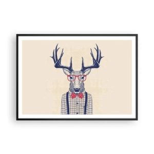 Affiche dans un cadre noir - Poster - Graphique stylisé d'un cerf portant des lunettes et un nœud papillon - 100x70cm - Une extravagance amusante - Décoration murale moderne pour le salon et la chambre ARTTOR