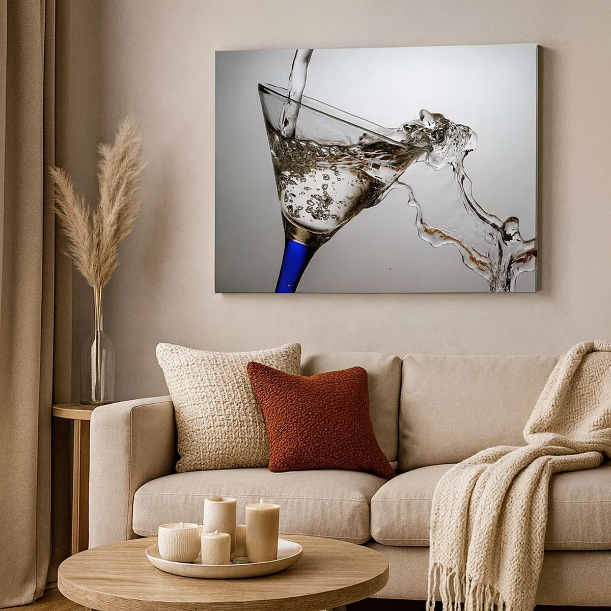 Impression sur toile - Image sur toile - Un verre d'eau en mouvement sur un fond clair - 70x50cm - Eau cristalline dans un verre cristal - Décoration murale moderne pour le salon et la chambre ARTTOR