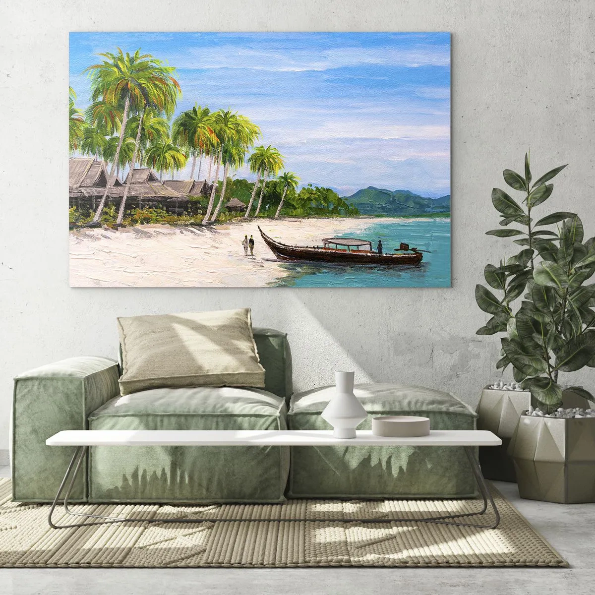 Impression sur verre - Image sur verre - Plage tropicale avec un bateau et des palmiers à côté de huttes traditionnelles - 100x70cm - Rêve exotique - Décoration murale moderne pour le salon et la chambre ARTTOR