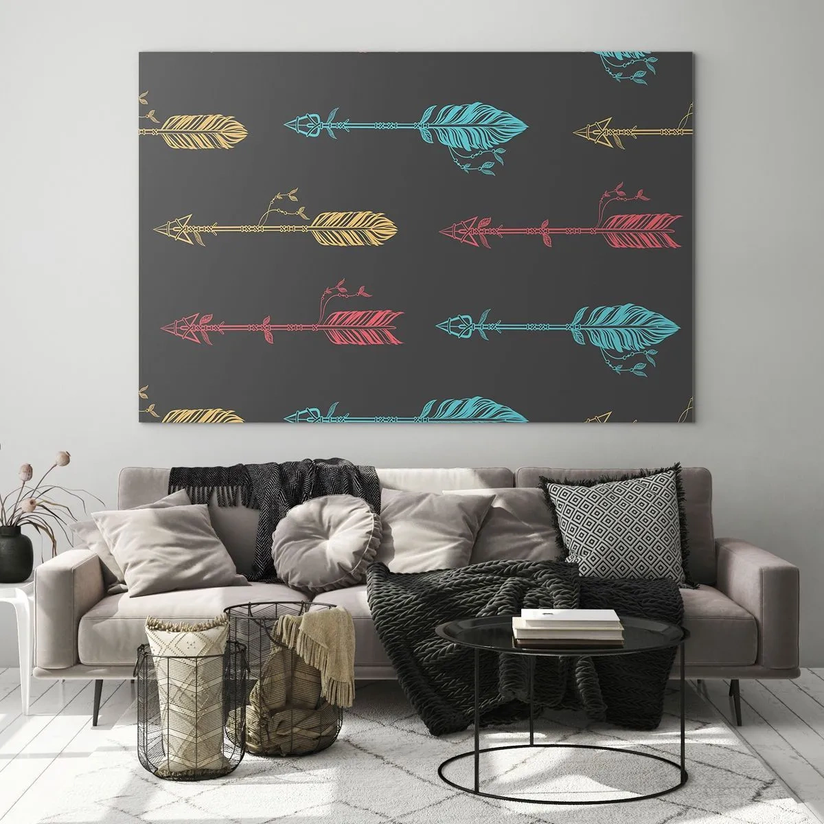 Impression sur verre - Image sur verre - Flèches colorées sur fond sombre dans une mise en page graphique - 70x50cm - Dans l'ordonnance - Décoration murale moderne pour le salon et la chambre ARTTOR