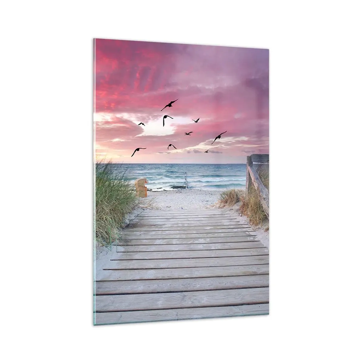 Impression sur verre - Image sur verre - Chemin en bois sur la plage au coucher du soleil rose - 80x120cm - Impression de la Baltique - Décoration murale moderne pour le salon et la chambre ARTTOR