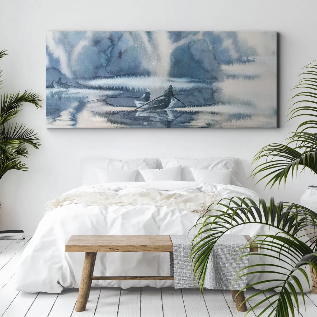 Impression sur toile - Image sur toile - Paysage à l'aquarelle avec des bateaux sur un lac entouré d'une forêt brumeuse - 160x50cm - Les pêcheurs dans leur paradis - Décoration murale moderne pour le salon et la chambre ARTTOR
