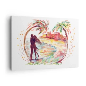 Impression sur toile - Image sur toile - Scène de couple romantique sur une plage avec des palmiers à l'aquarelle - 70x50cm - Vacances romantiques - Décoration murale moderne pour le salon et la chambre ARTTOR