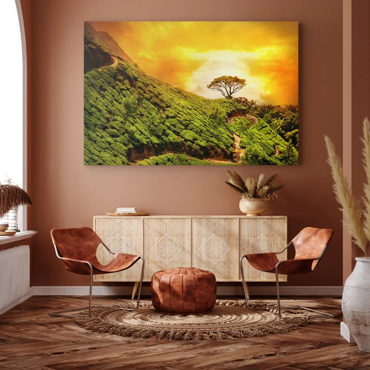 Impression sur toile - Image sur toile - Collines verdoyantes de plantations de thé au coucher du soleil - 120x80cm - Un chemin sinueux, une pente verte - Décoration murale moderne pour le salon et la chambre ARTTOR