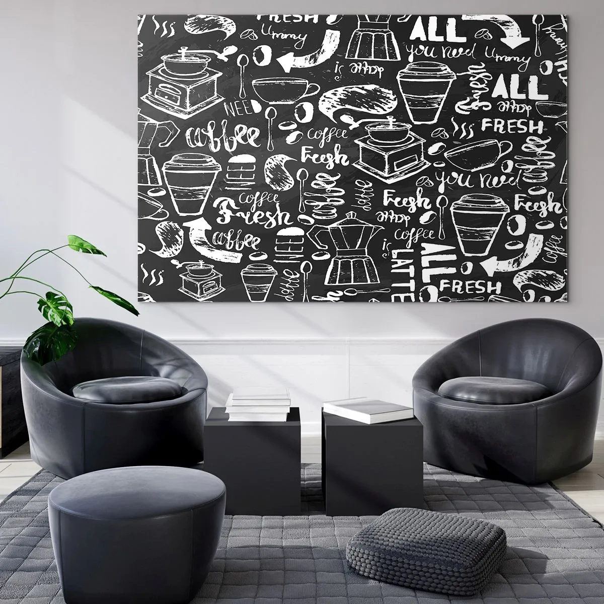 Impression sur verre - Image sur verre - Graphiques et lettrages de café sur fond noir dans un style rétro - 100x70cm - Tout ce dont tu as besoin c'est… - Décoration murale moderne pour le salon et la chambre ARTTOR