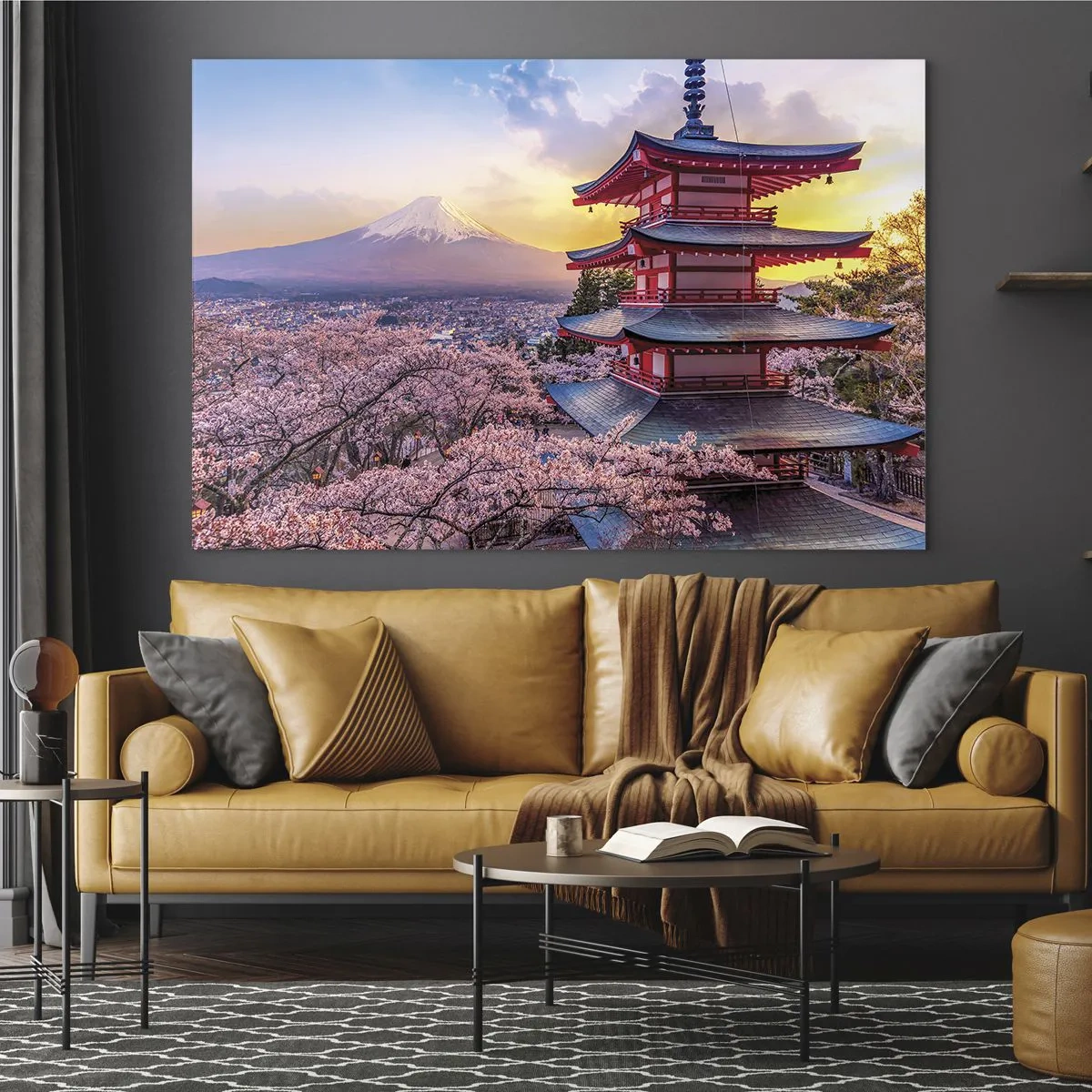 Impression sur verre - Image sur verre - Une pagode dans un paysage japonais surplombant le mont Fuji et des arbres en fleurs - 100x70cm - Essence d'âme japonnaise - Décoration murale moderne pour le salon et la chambre ARTTOR