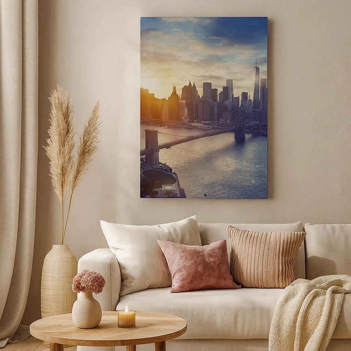 Impression sur toile - Image sur toile - Panorama de la ville avec le pont et la rivière à la lumière du soleil couchant - 50x70cm - Monument de la culture occidentale - Décoration murale moderne pour le salon et la chambre ARTTOR