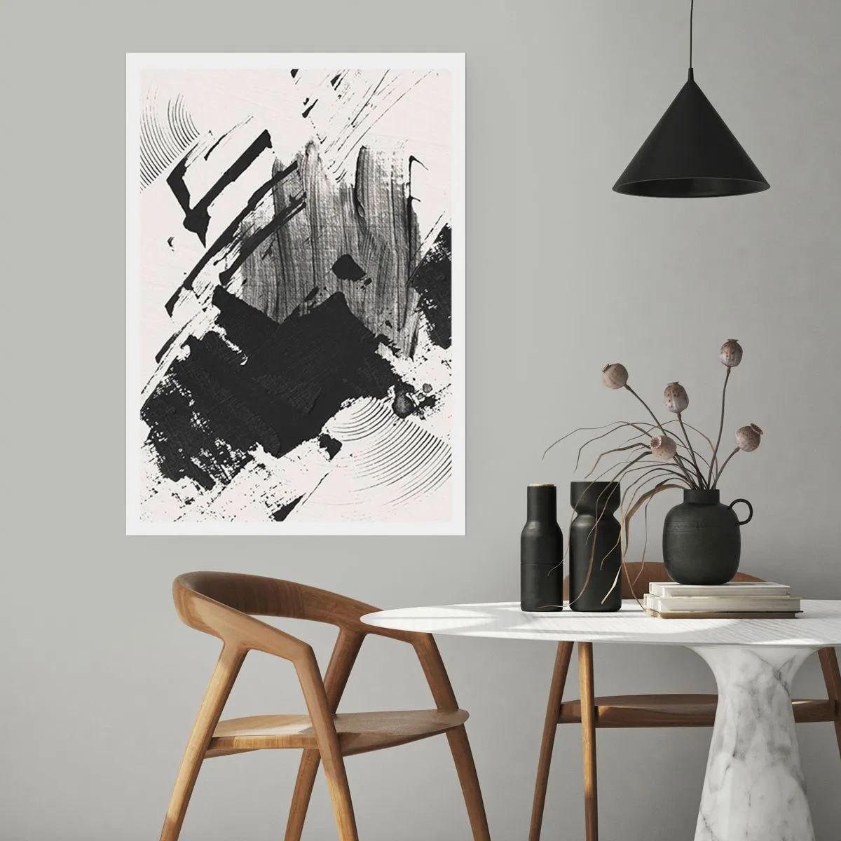 Affiche - Poster - Coups de pinceau abstraits en noir et blanc - 50x70cm - Abstraction – expression du noir - Décoration murale moderne pour le salon et la chambre ARTTOR