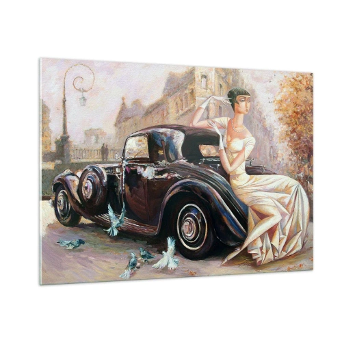 Impression sur verre - Image sur verre - Femme élégante à côté d'une voiture rétro dans un cadre urbain - 100x70cm - L'élégance dans un style rétro - Décoration murale moderne pour le salon et la chambre ARTTOR
