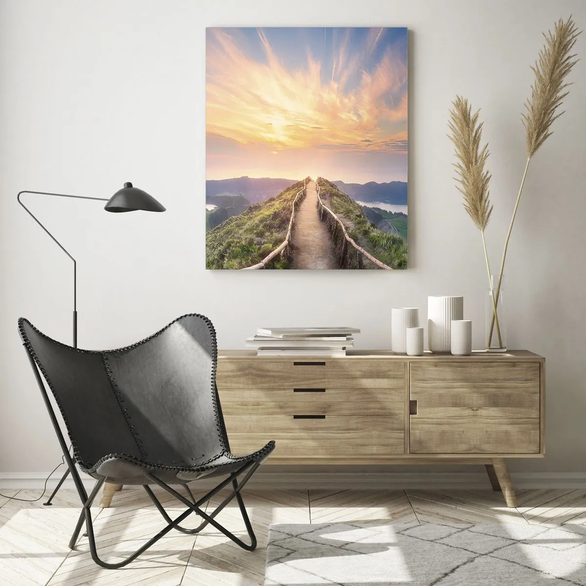 Impression sur verre - Image sur verre - Sentier au sommet d'une colline avec vue sur le coucher du soleil - 50x70cm - Proche du ciel - Décoration murale moderne pour le salon et la chambre ARTTOR