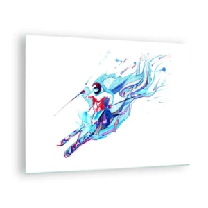 Impression sur verre - Image sur verre - Une figure dynamique d'un skieur aux couleurs abstraites - 70x50cm - Ruée folle vers la joie - Décoration murale moderne pour le salon et la chambre ARTTOR