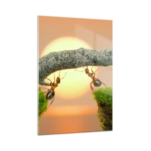 Impression sur verre - Image sur verre - Des fourmis construisent un pont au coucher du soleil - 50x70cm - La joie, travaille d'équipe - Décoration murale moderne pour le salon et la chambre ARTTOR