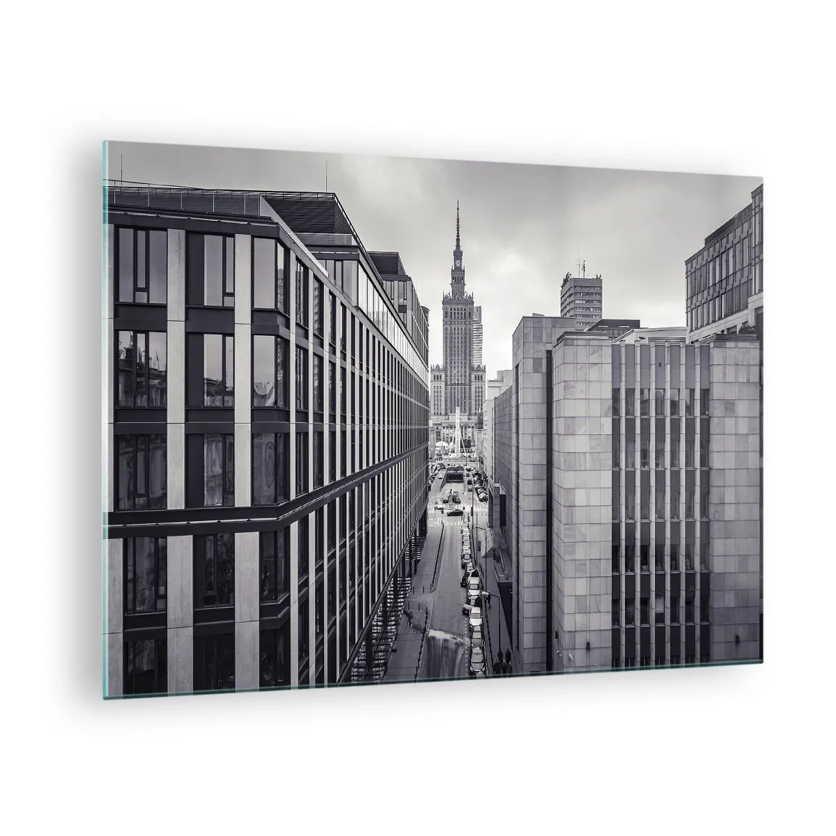 Impression sur verre - Image sur verre - Vue de la ville en noir et blanc avec des gratte-ciel et une rue - 70x50cm - Vallée de Varsovie - Décoration murale moderne pour le salon et la chambre ARTTOR