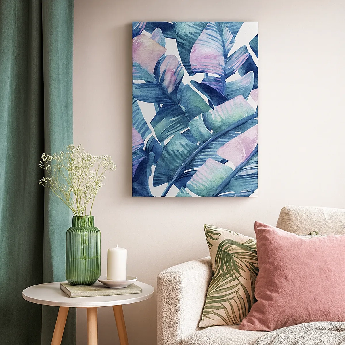 Impression sur toile - Image sur toile - Feuilles de bananier dans les tons bleu et rose - 50x70cm - Dans une bananeraie - Décoration murale moderne pour le salon et la chambre ARTTOR
