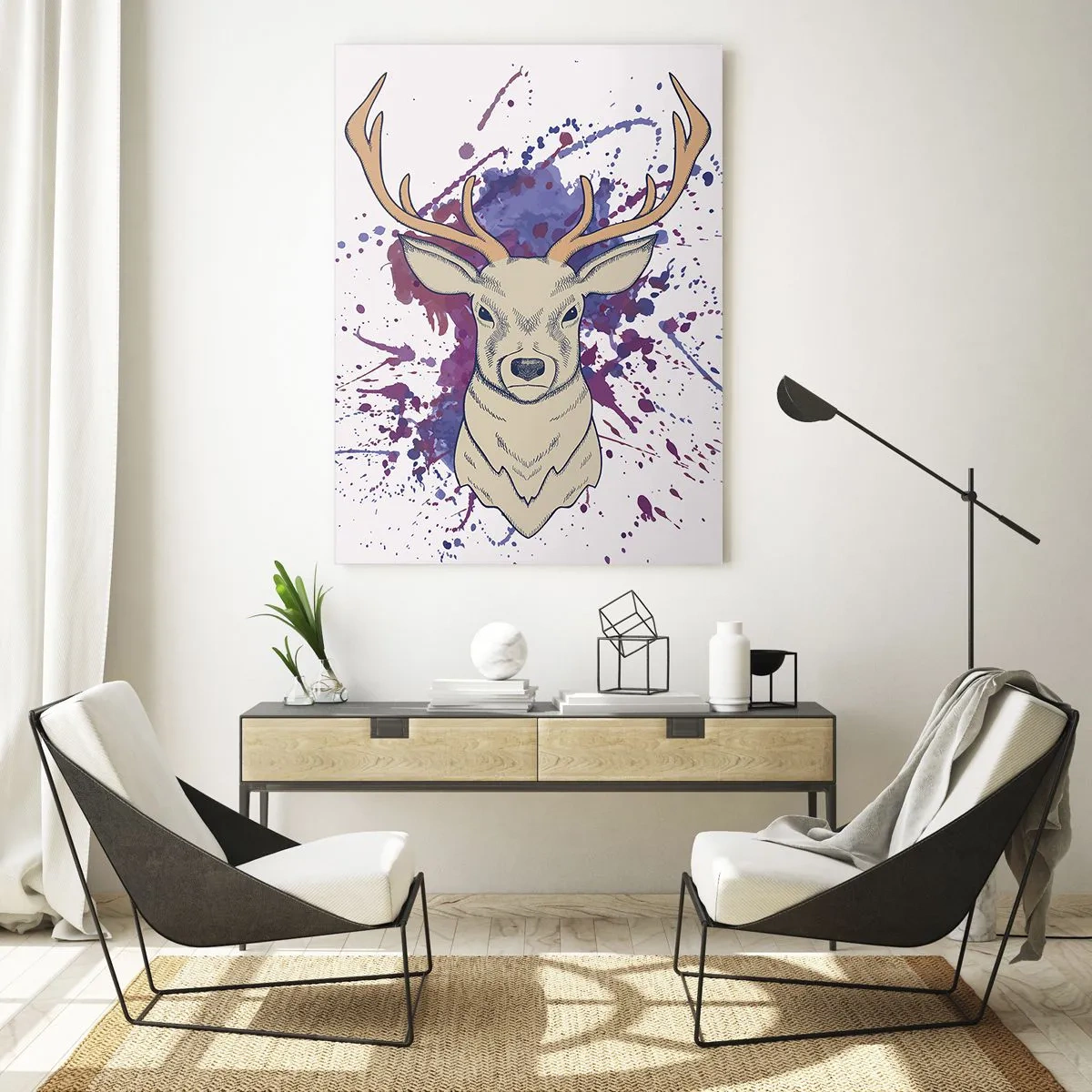 Impression sur verre - Image sur verre - Portrait d'un cerf avec des taches abstraites en arrière-plan - 70x100cm - Courage et équilibre - Décoration murale moderne pour le salon et la chambre ARTTOR